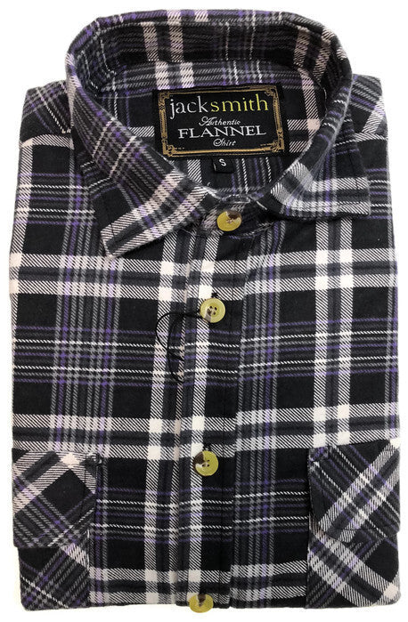 Mens Half Placket Flannelette Long Sleeve Pullover Shirt 100% Cotton Check Authentic Flannel - Black/Purple - S
