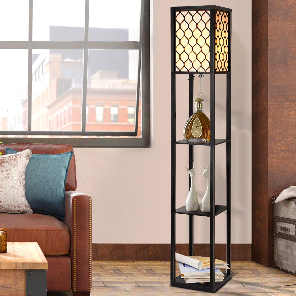 Artiss Floor Lamp 3 Tier Shelf Storage LED Light Stand Home Room Pattern Brown