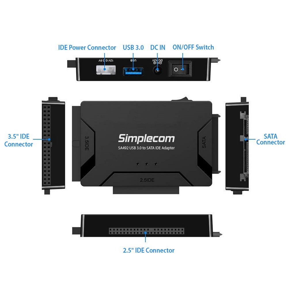 Simplecom SA492 USB 3.0 to 2.5", 3.5", 5.25" SATA IDE Adapter with Power Supply