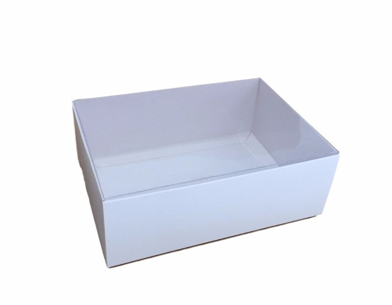 10 Pack of White Card Box - Clear Slide On Lid - 17 x 25 x 5cm - Large Beauty Product Gift Giving Hamper Tray Merch Fashion Cake Sweets Xmas