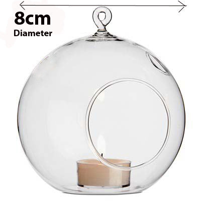 4 x Hanging Clear Glass Ball Tealight Candle Holder - 8cm Diameter / High - Wedding Globe Decoration Terrarium Succulent Plant Mini Garden Holder Decor Craft Gift