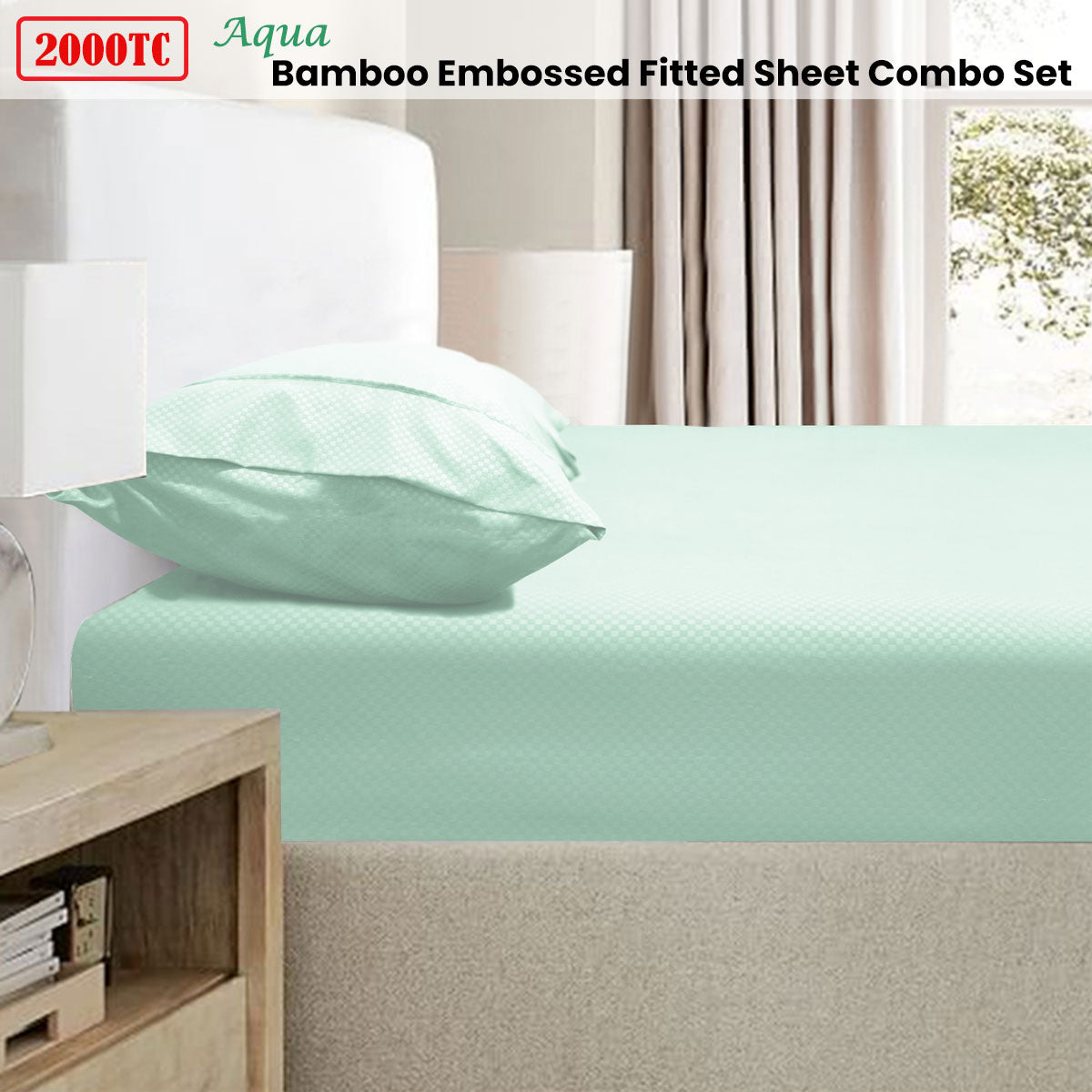 Ramesses 2000TC Bamboo Embossed Fitted Sheet Combo Set Aqua Single