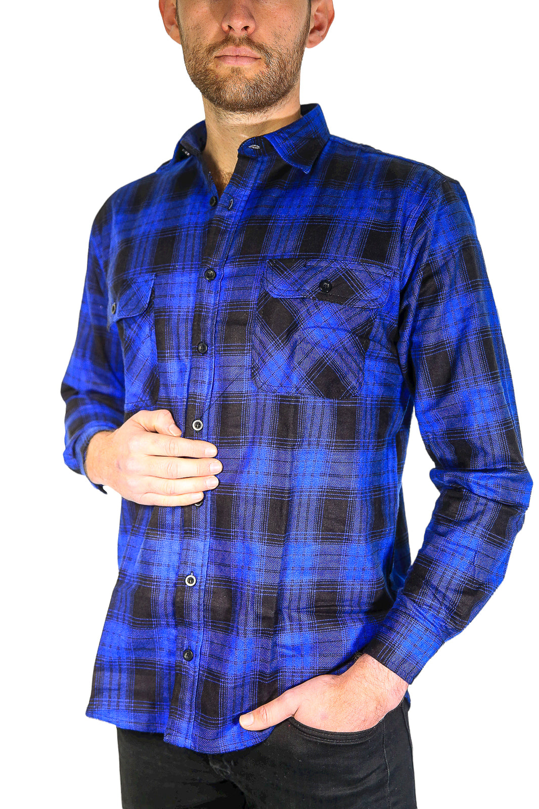 Mens Flannelette Long Sleeve Shirt 100% Cotton Check Authentic Flannel - Full Placket - Royal Blue - L