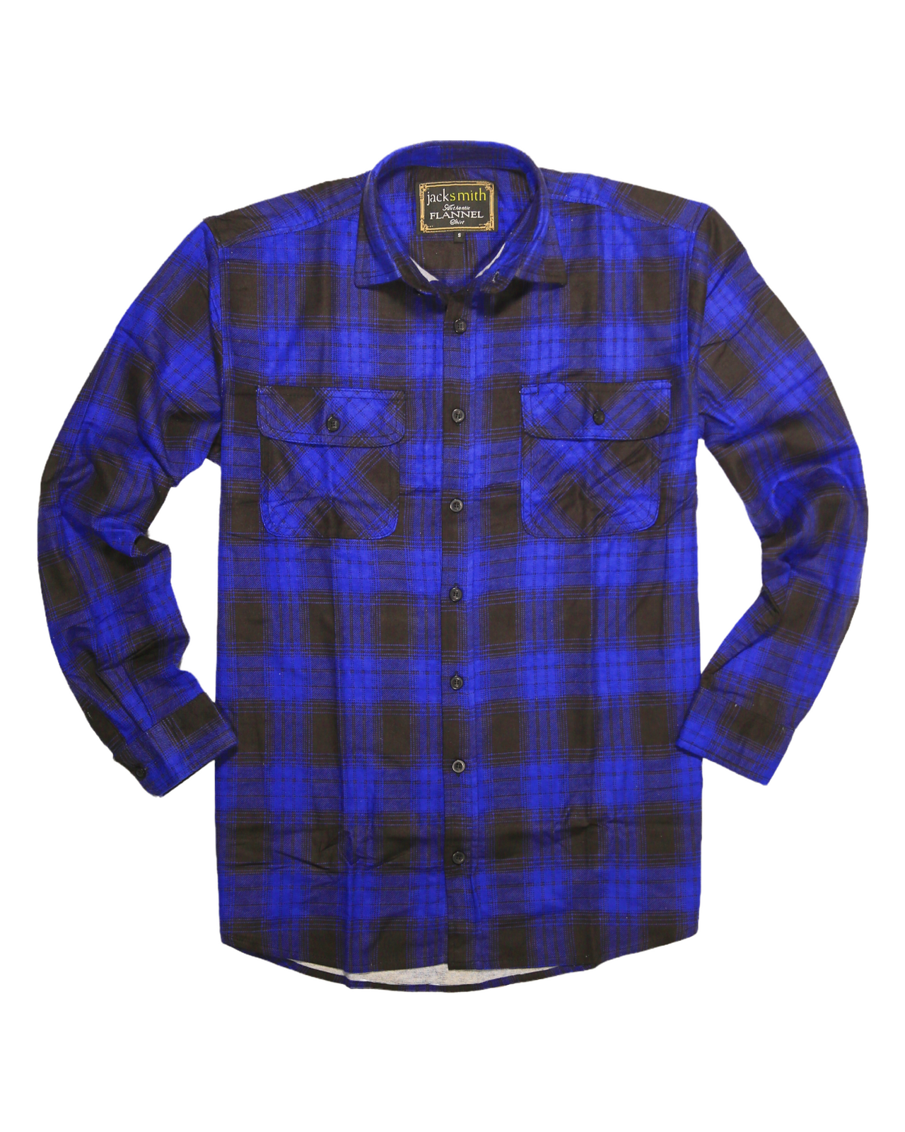 Mens Flannelette Long Sleeve Shirt 100% Cotton Check Authentic Flannel - Full Placket - Royal Blue - L