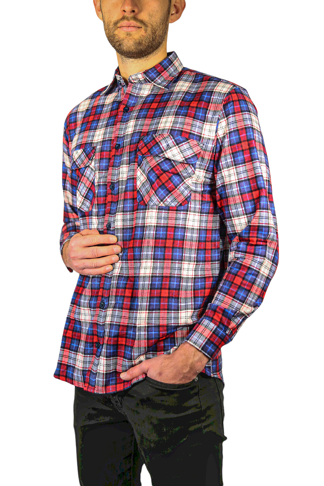 Mens Flannelette Long Sleeve Shirt 100% Cotton Check Authentic Flannel - Full Placket - Navy/Red/White - 3XL