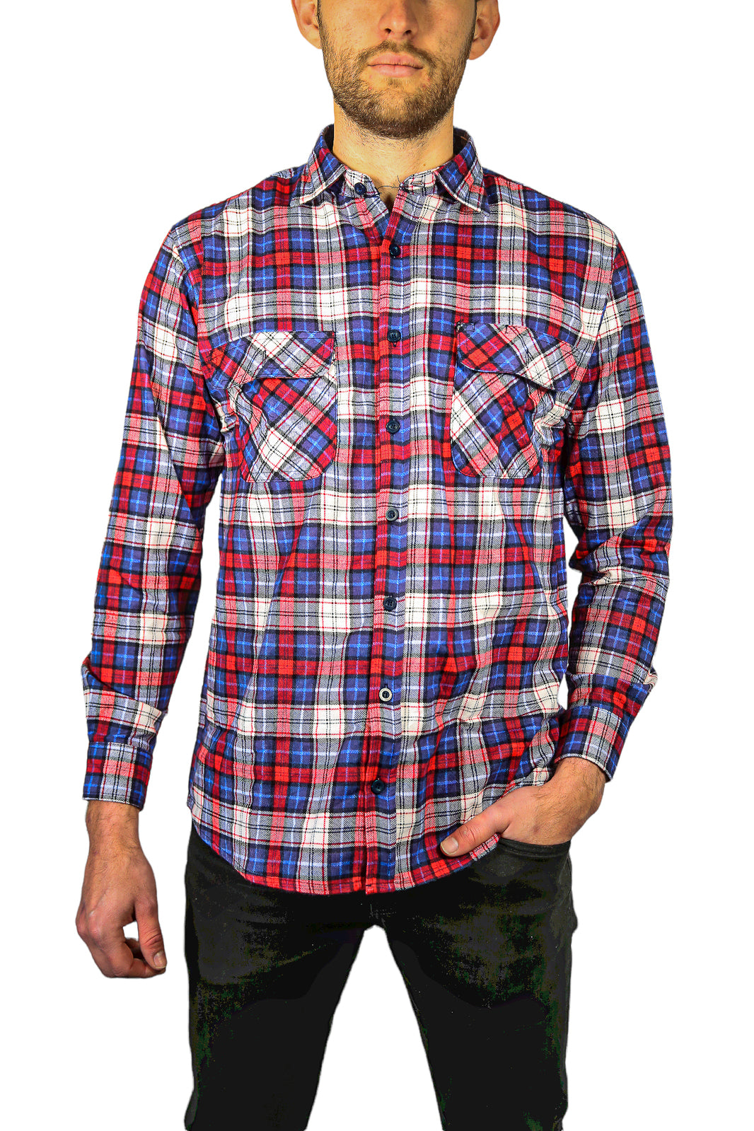 Mens Flannelette Long Sleeve Shirt 100% Cotton Check Authentic Flannel - Full Placket - Navy/Red/White - XXL