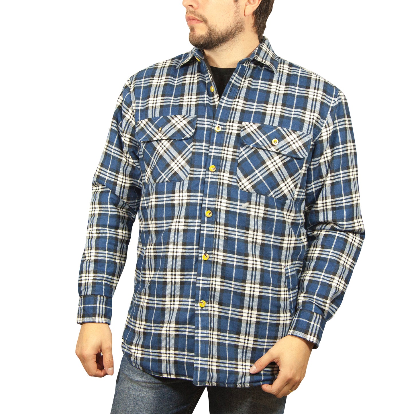 Mens Flannelette Long Sleeve Shirt 100% Cotton Check - Full Placket - Spanish Blue - M