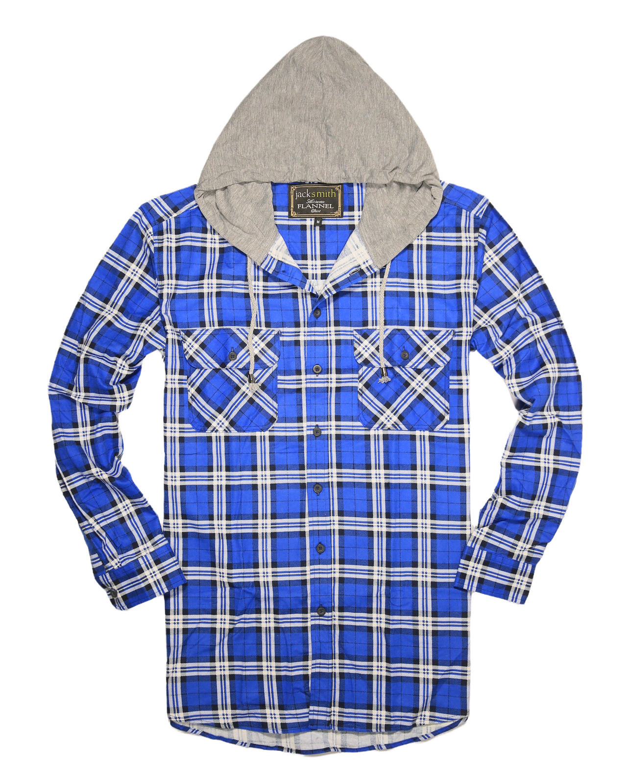 Mens Cotton Flannelette Shirt w Jersey Hood Long Sleeve Flannel - Spanish Blue - L