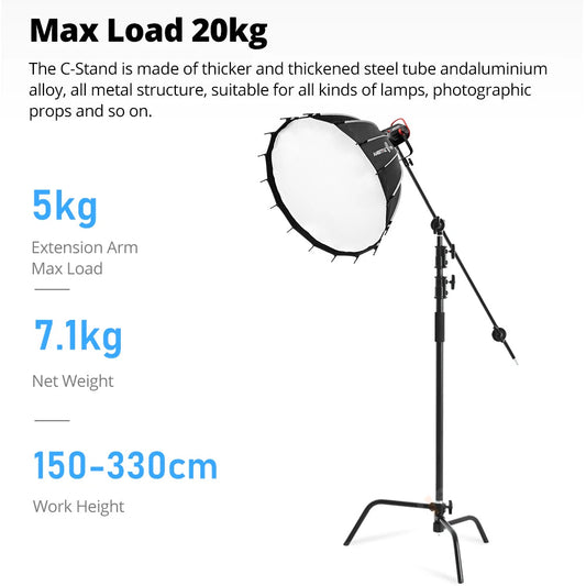 150-330cm Black Heavy Duty C-Stand Adjustable Light Stand Load 20KG Capacity