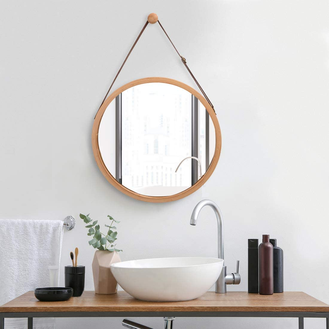 CARLA HOME Hanging Round Wall Mirror 38 cm - Solid Bamboo Frame and Adjustable Leather Strap for Bathroom and Bedroom