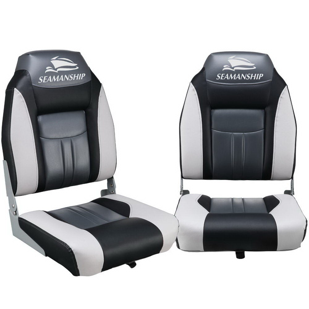 Seamanship 2X Folding Boat Seats Marine Seat Swivel High Back 12cm Padding Black