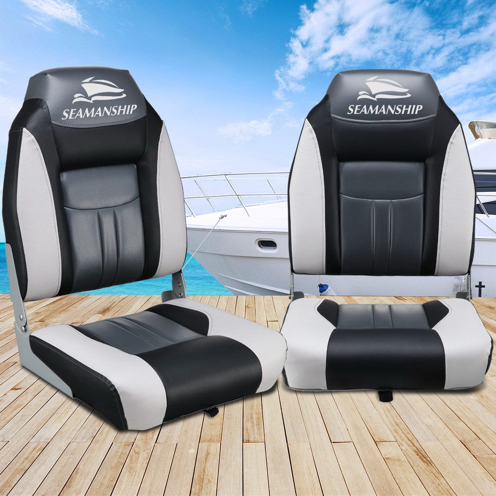 Seamanship 2X Folding Boat Seats Marine Seat Swivel High Back 12cm Padding Black