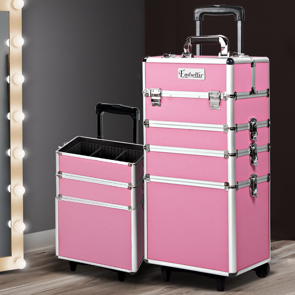 Embellir Makeup Case Beauty Trolley Cosmetic Organiser Box Travel Wheels Pink