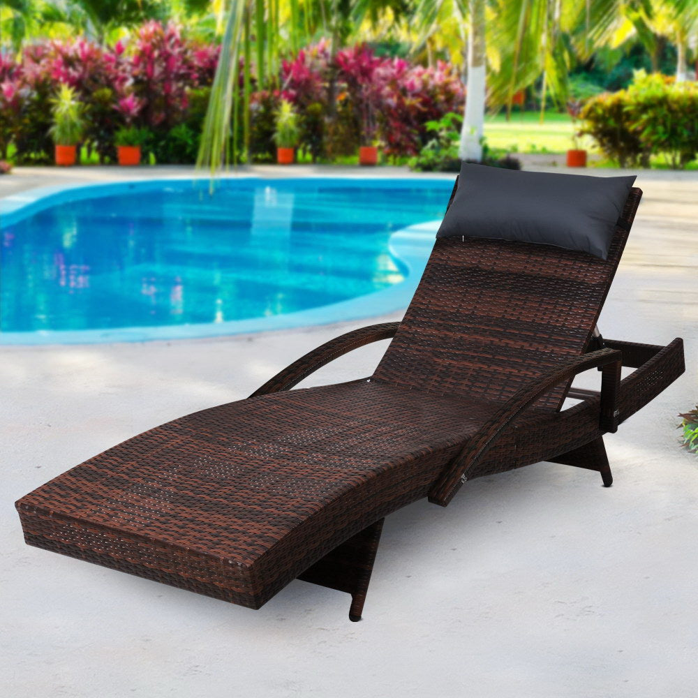 Gardeon Sun Lounge Wicker Lounger Outdoor Furniture Beach Chair Armrest Adjustable Brown