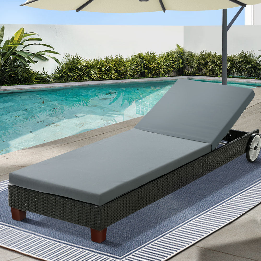 Gardeon Sun Lounge Wicker Lounger Outdoor Furniture Day Bed Wheels Patio Black