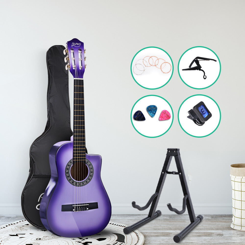 Alpha 34 Inch Classical Guitar Wooden Body Nylon String w/ Stand Beignner Purple