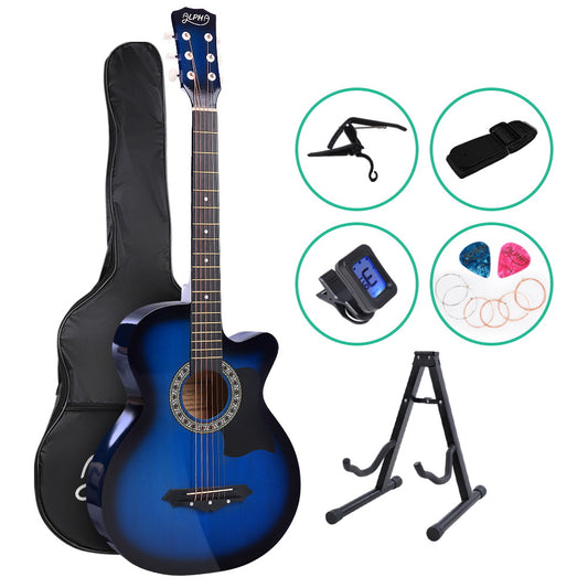 Alpha 38 Inch Acoustic Guitar Wooden Body Steel String Full Size w/ Stand Blue