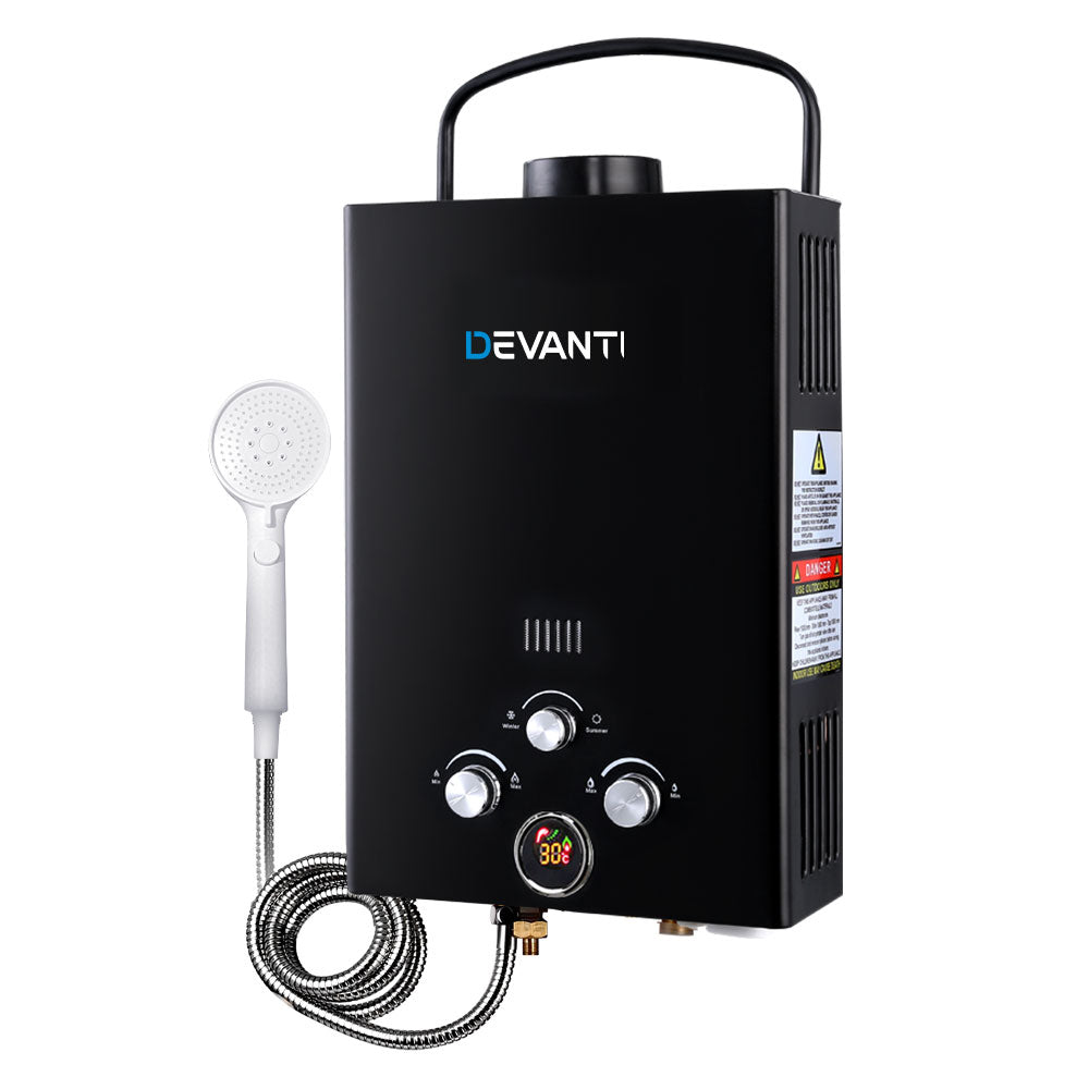 Devanti Portable Gas Water Heater 8L/Min With Pump LPG System Black