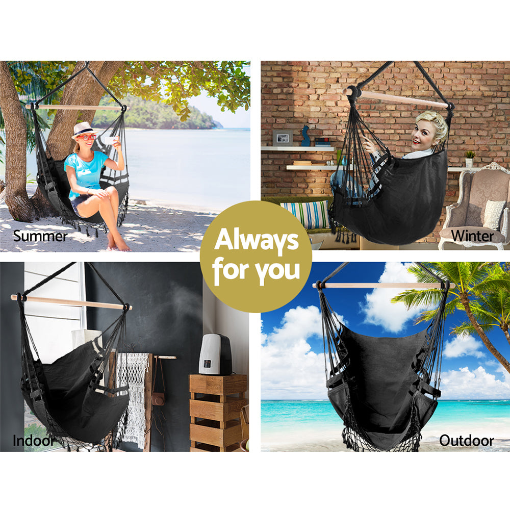 Gardeon Hanging Hammock Chair Outdoor Swing Hammocks Tassel Grey