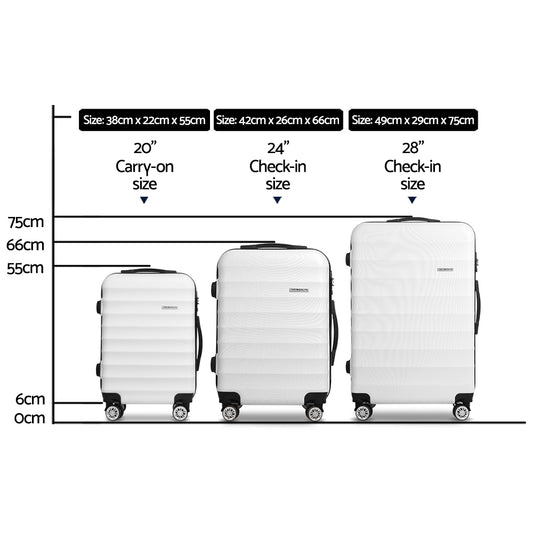 Wanderlite 3pcs Luggage Trolley Travel Suitcase Set TSA Hard Shell Case Strap White