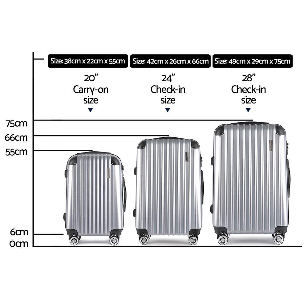 Wanderlite 3pc Luggage Trolley Travel Set Suitcase Carry On TSA Lock Hard Case Lightweight Silver