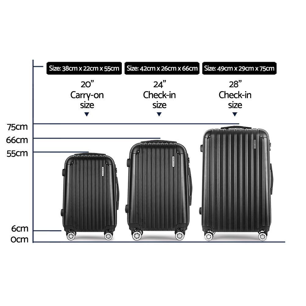 Wanderlite 3pcs LuggageTrolley Set Travel Suitcase Storage Organiser Carry On Hard Case TSA Lightweight Black