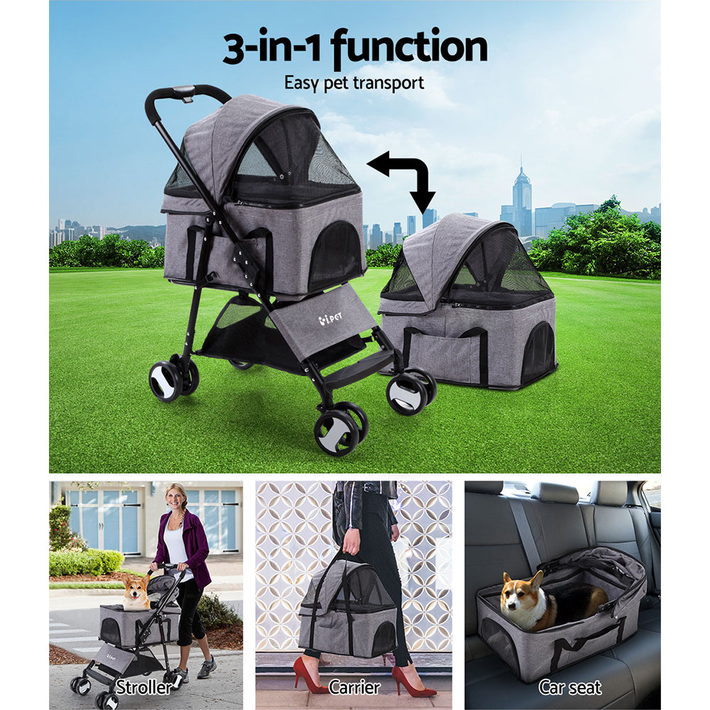 i.Pet Pet Stroller Dog Pram Cat Carrier Travel Large Pushchair Foldable 4 Wheels Grey