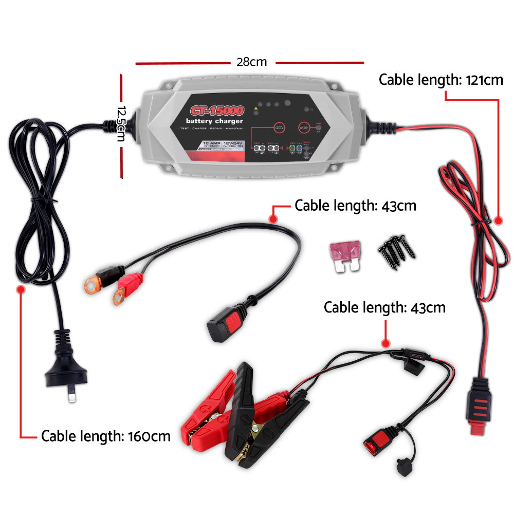 12V Automotive Car Battery Charger 24V 15Amp Smart Vehicle Truck Chargers AGM
