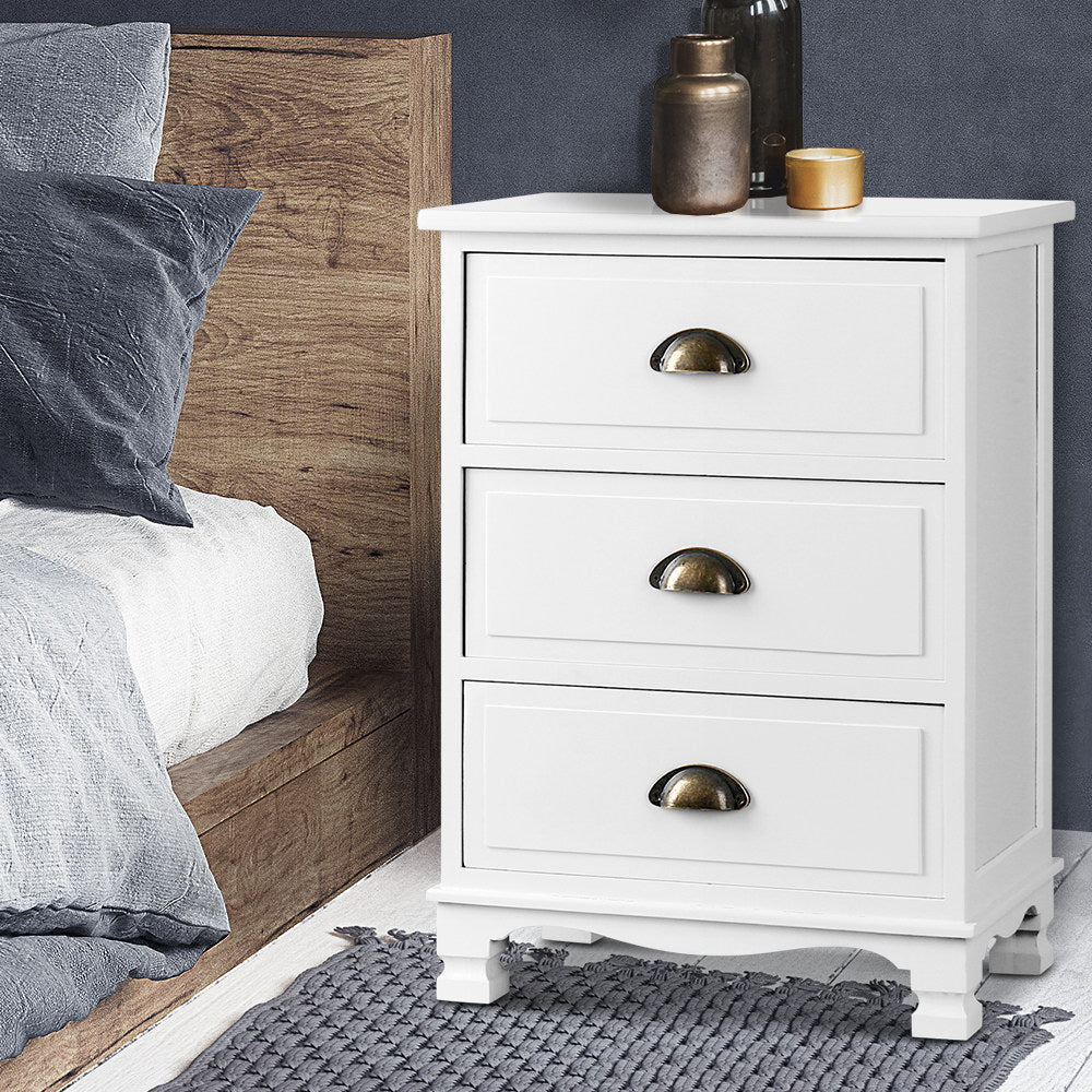 Artiss Bedside Table 3 Drawers Vintage - THYME White