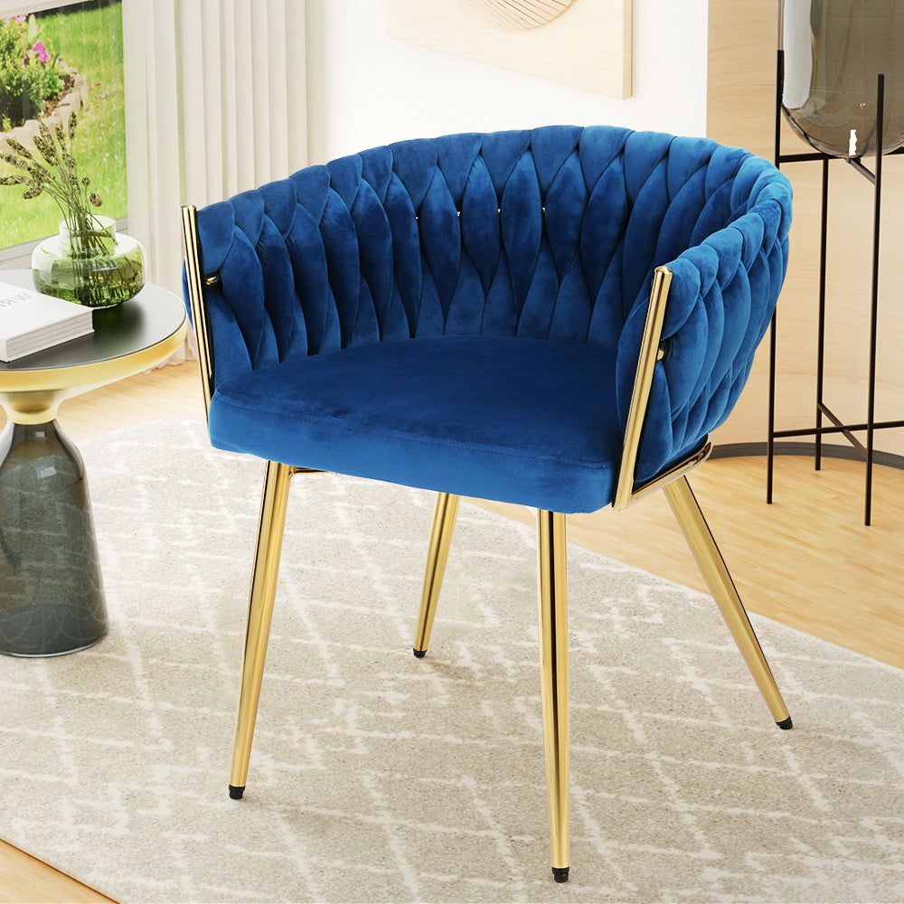 Artiss Dining Chair Cafe Chair Velvet Upholstered Woven Back Armrest Blue