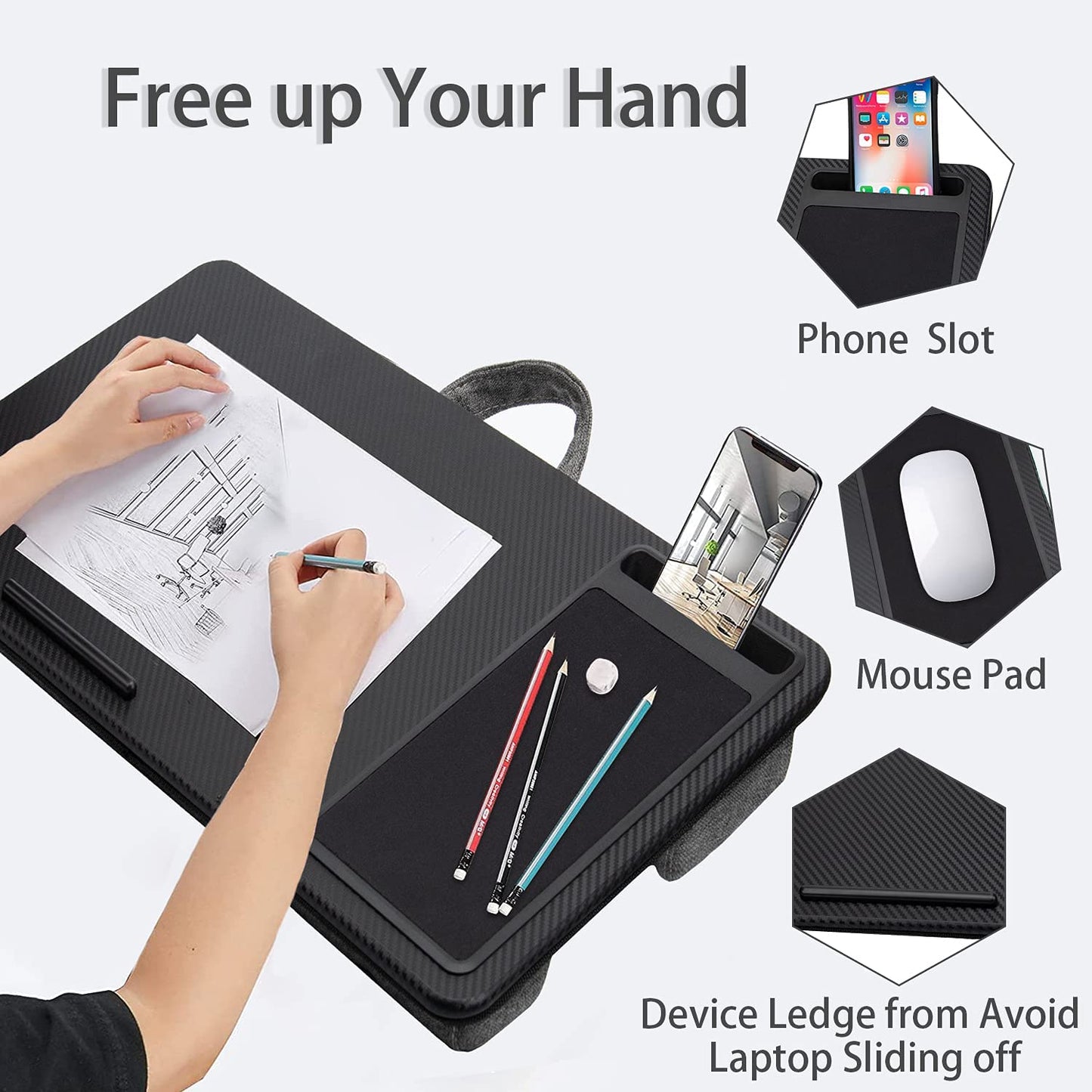 Portable Laptop Desk with Device Ledge, Mouse Pad and Phone Holder for Home Office (Black, 40cm)