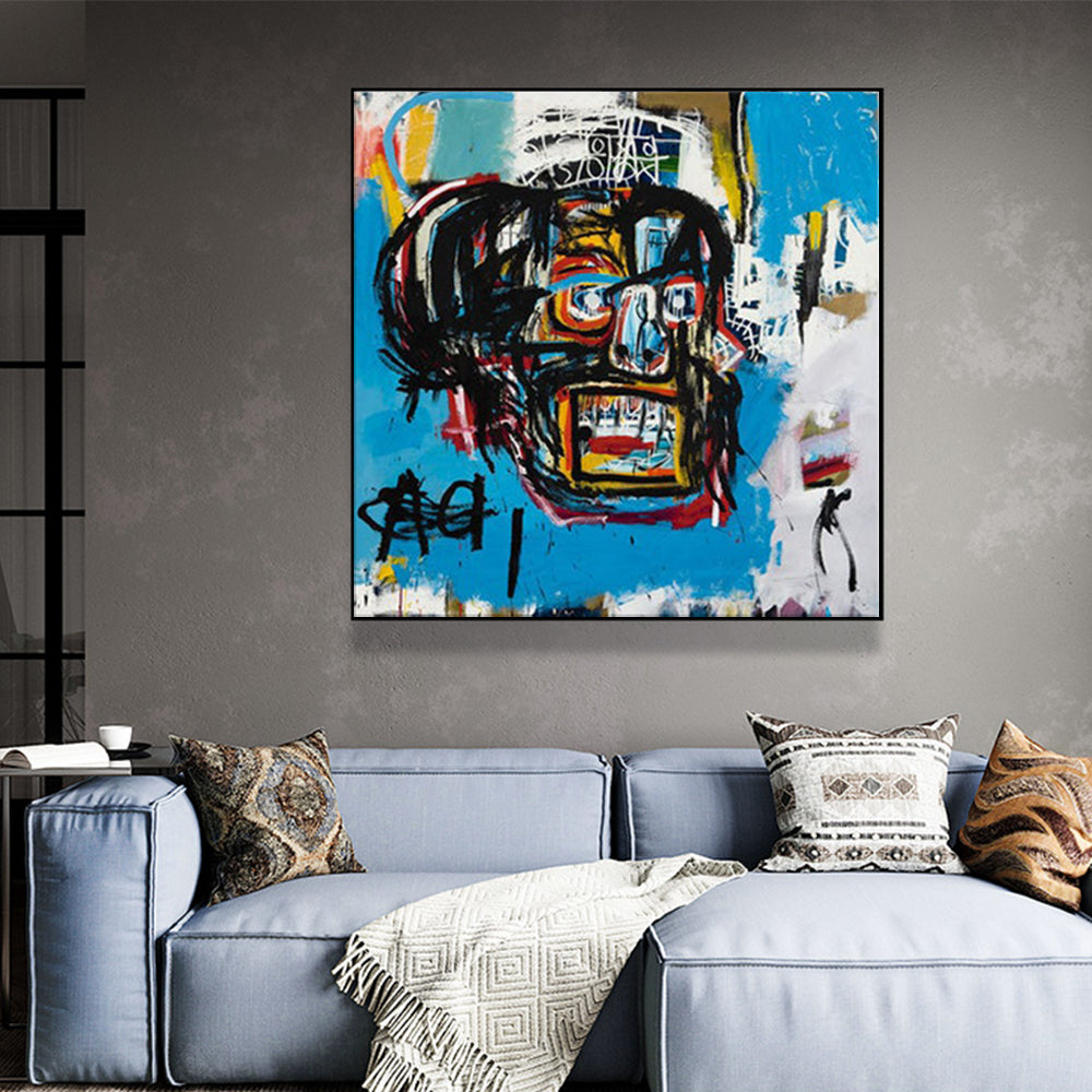 60cmx60cm Blue Head By Basquiat Black Frame Canvas Wall Art