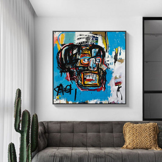 60cmx60cm Blue Head By Basquiat Black Frame Canvas Wall Art