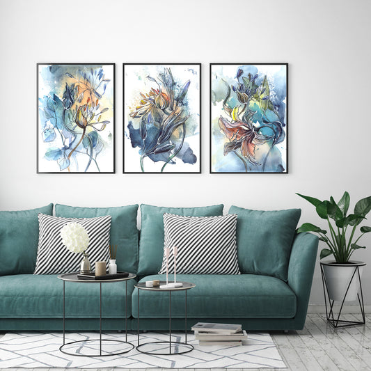 60cmx90cm Watercolor Style Abstract Flower 3 Sets Black Frame Canvas Wall Art