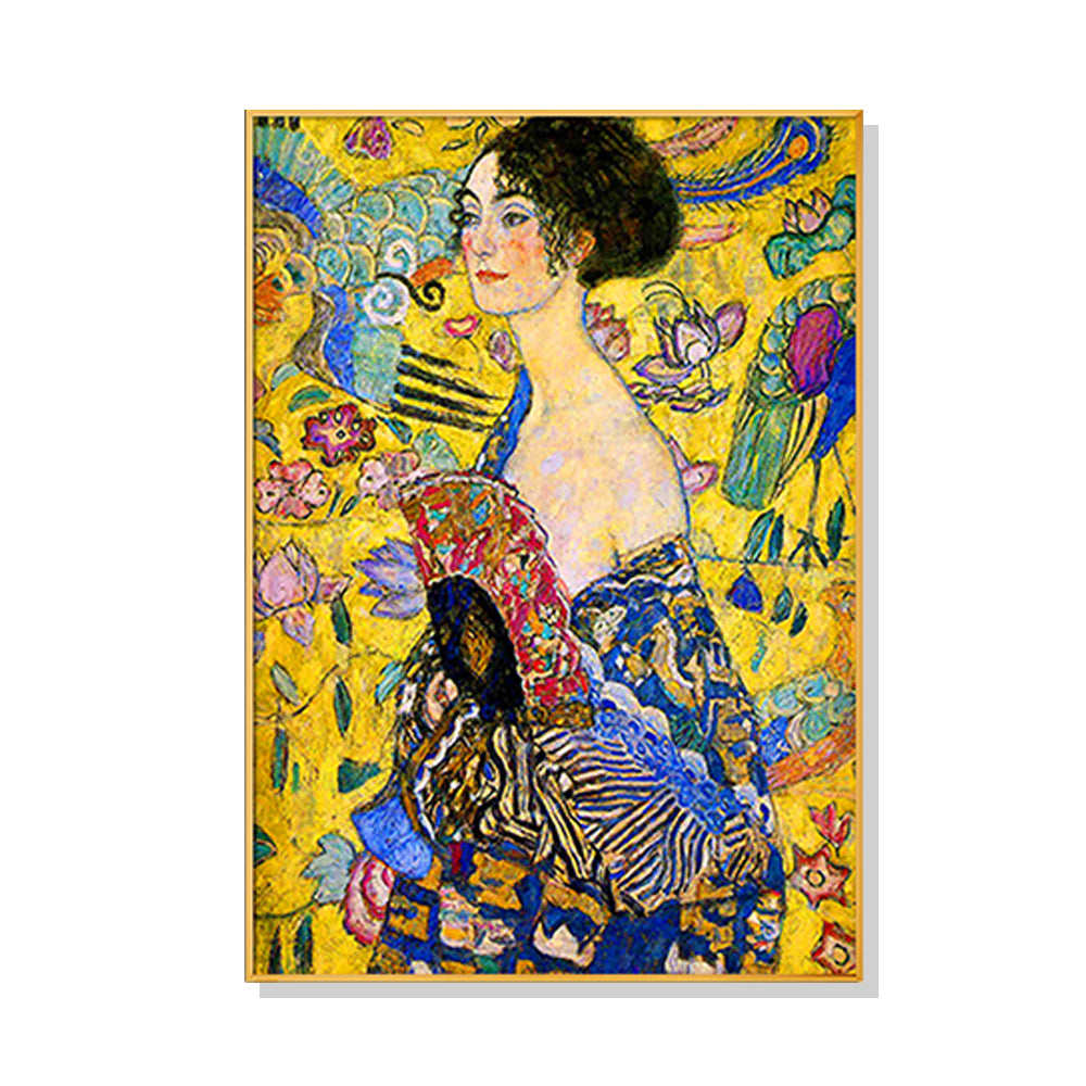 80cmx120cm Lady With A fan By Klimt Gold Frame Canvas Wall Art