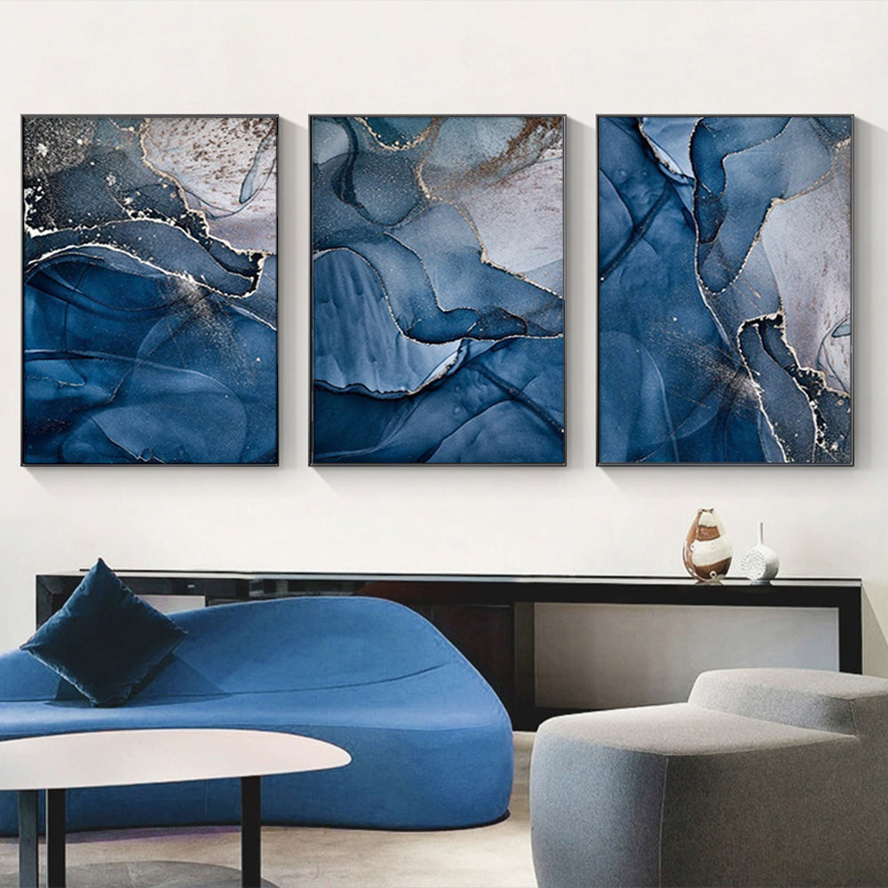 50cmx70cm Blue Gold Marble 3 Sets Black Frame Canvas Wall Art