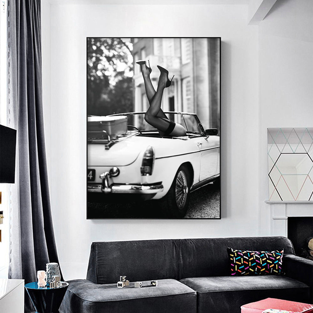 50cmx70cm High Heels in Classic Car Black Frame Canvas Wall Art