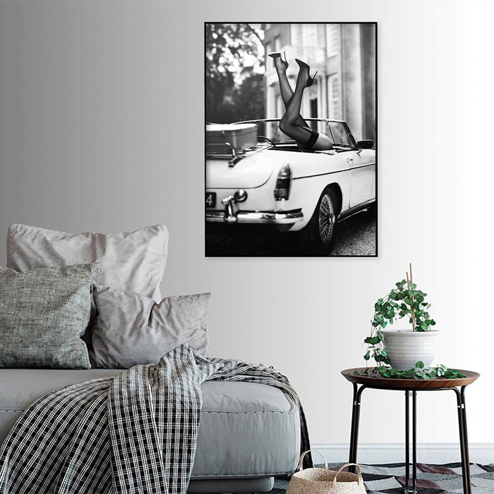 60cmx90cm High Heels in Classic Car Black Frame Canvas Wall Art