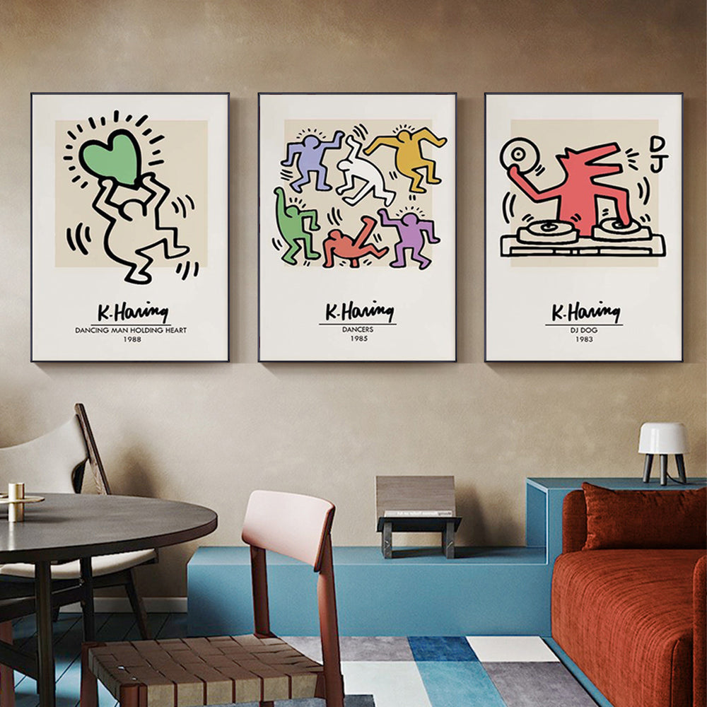 40cmx60cm Keith Haring Pop Art 3 Sets Black Frame Canvas Wall Art