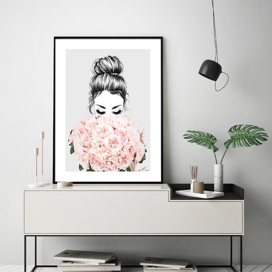 50cmx70cm Roses Girl Black Frame Canvas Wall Art