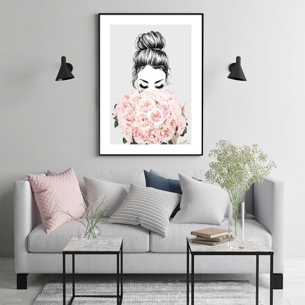 50cmx70cm Roses Girl Black Frame Canvas Wall Art