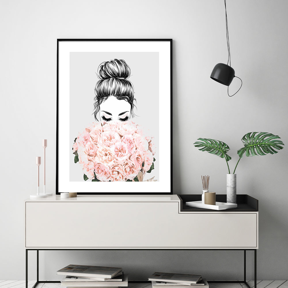 60cmx90cm Roses Girl Black Frame Canvas Wall Art