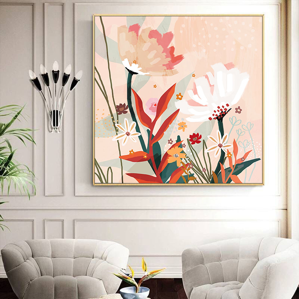 70cmx70cm Native Floral Gold Frame Canvas Wall Art