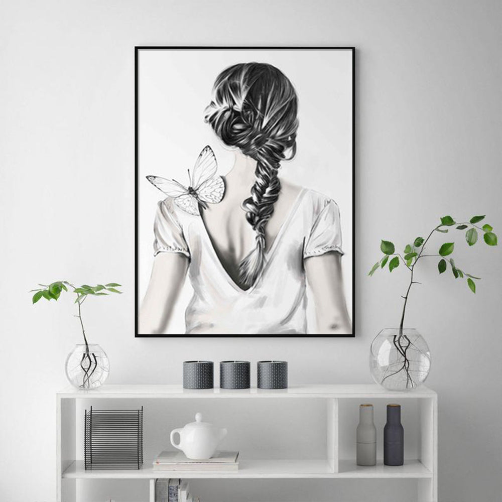 60cmx90cm Woman Back With Butterfly Black Frame Canvas Wall Art