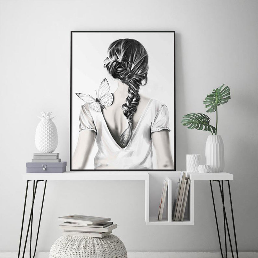 70cmx100cm Woman Back With Butterfly Black Frame Canvas Wall Art