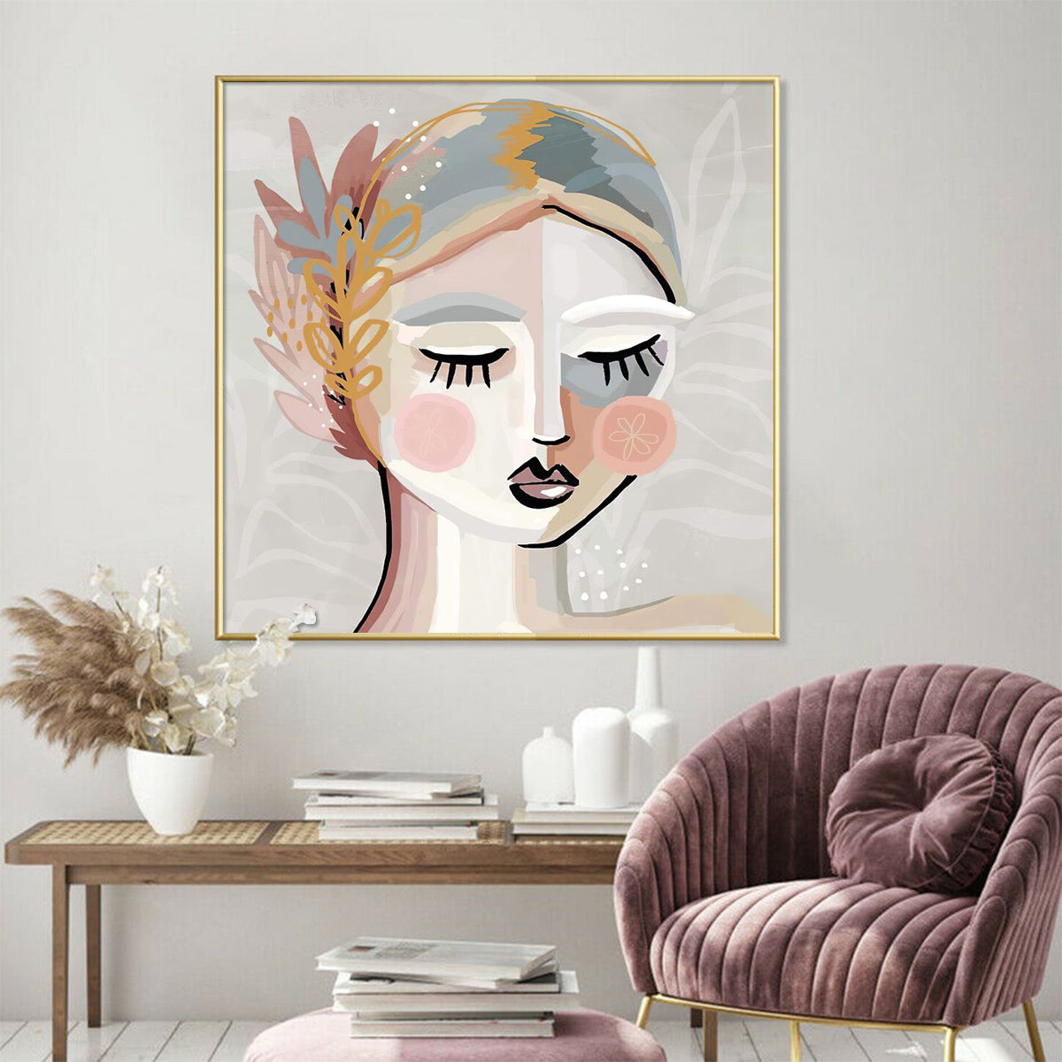 70cmx70cm Calm Girl Gold Frame Canvas Wall Art