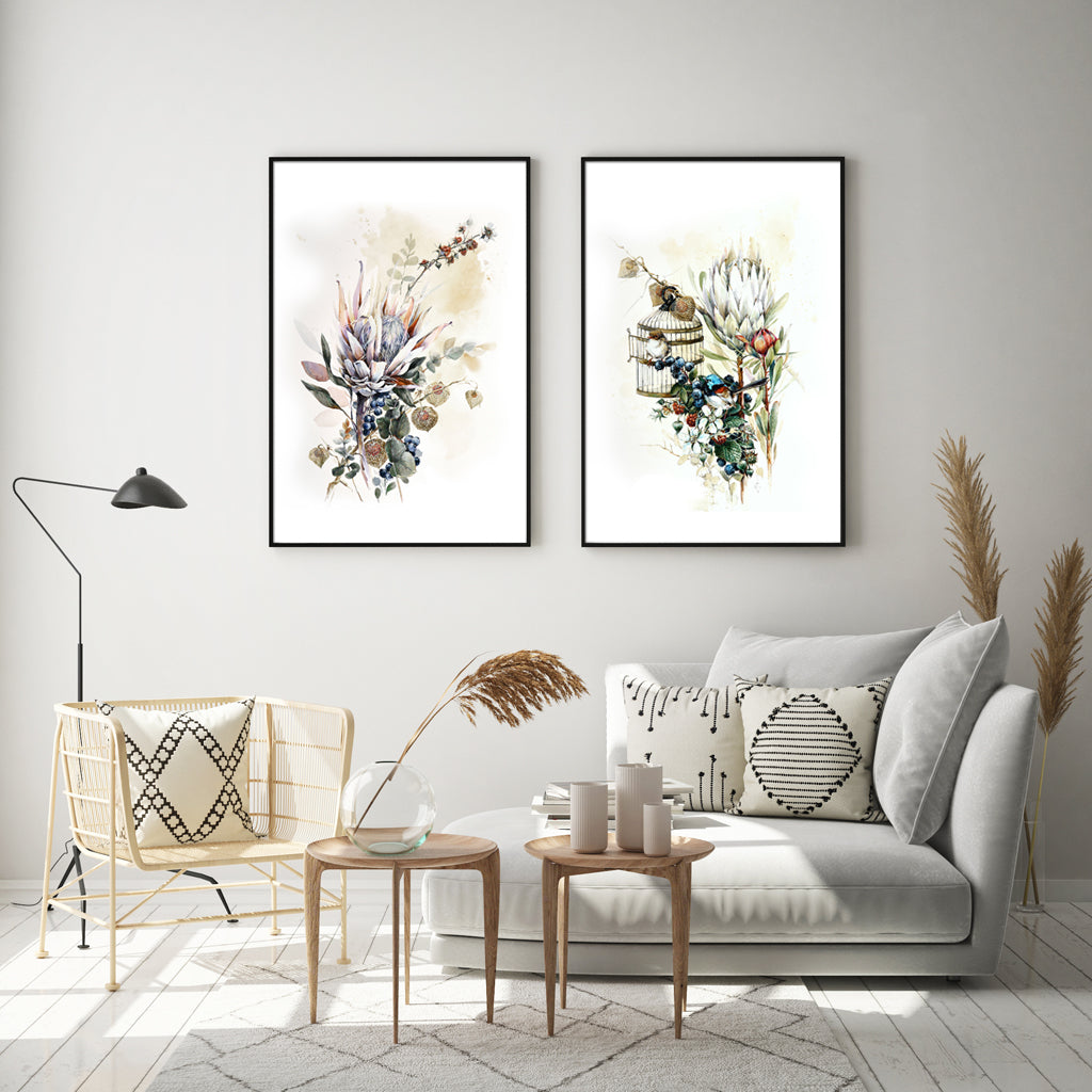 70cmx100cm Berries And Protea 2 Sets Black Frame Canvas Wall Art