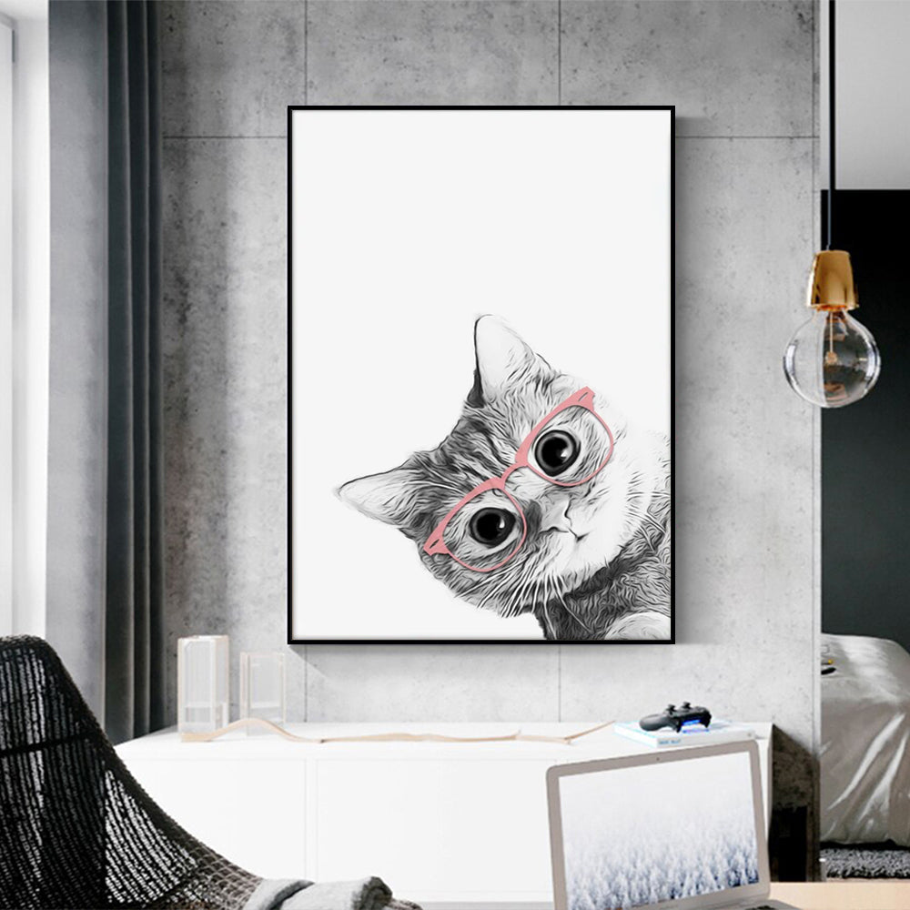 80cmx120cm Cat With Glasses Black Frame Canvas Wall Art