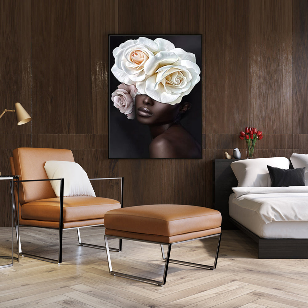 60cmx90cm Flower African Woman Black Frame Canvas Wall Art