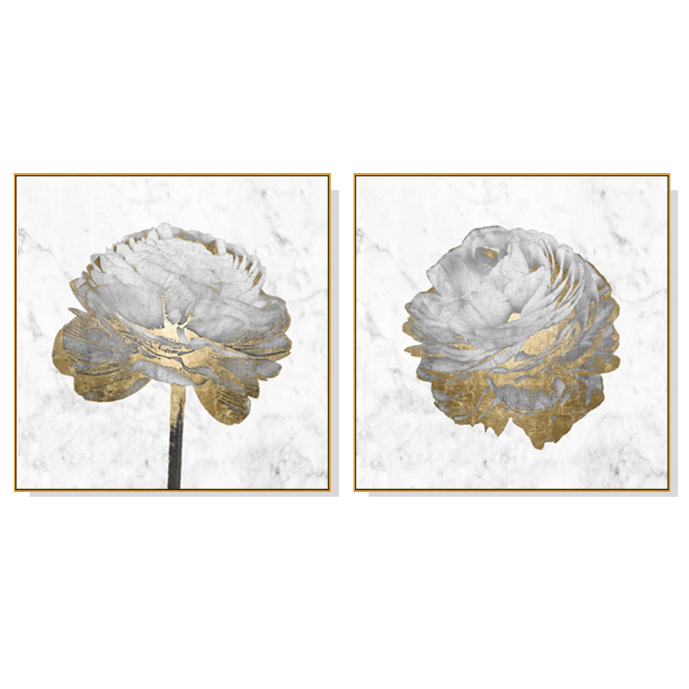 70cmx70cm Gold And White Blossom On White 2 Sets Gold Frame Canvas Wall Art